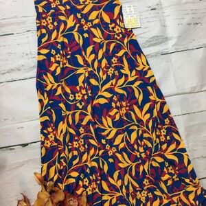 LuLaRoe Maxi Skirt Floral Botanical Print Blue Yellow Foldover Waist XXS NWT